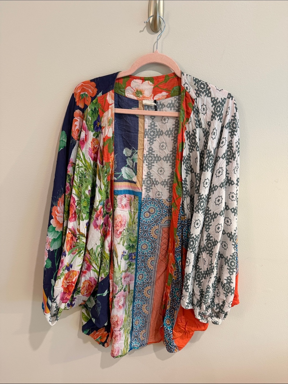 Boho Mixed-Print Floral Kimono Jacket - Navy, Coral & White